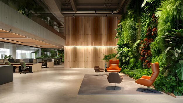 Photo open plan office with lush plant living walls for green and productive workspace ambiance
