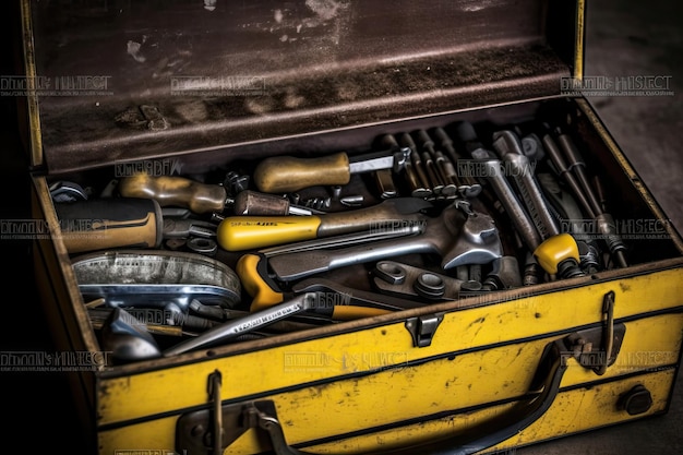 Open plastic tool kit box with construction and various hand tools