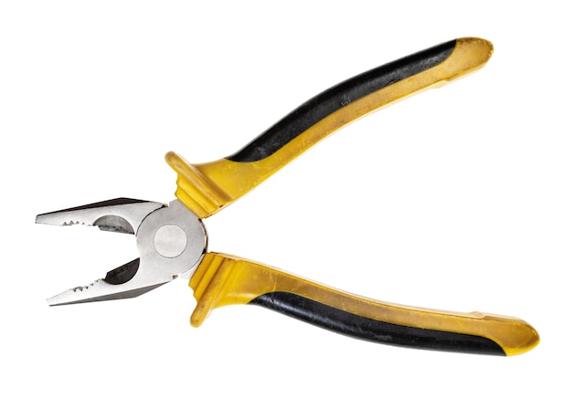 Open pliers with yellow rubber handle isolated