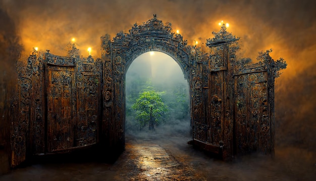 An open portal to an alien world in a deep green forest Ancient gate to a distant place Magic