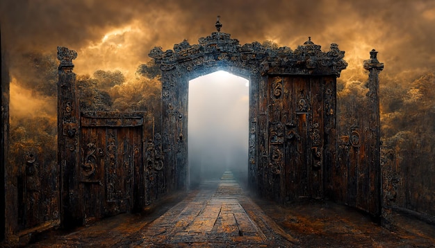 An open portal to an alien world in a deep green forest Ancient gate to a distant place Magic