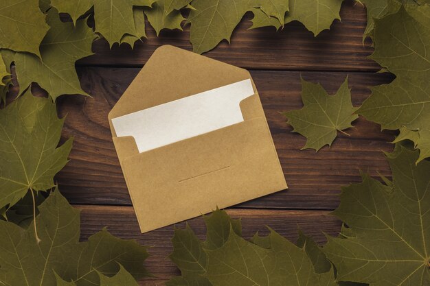 An open postal envelope with a sheet of paper in a frame of leaves on a wooden background. Correspondence.