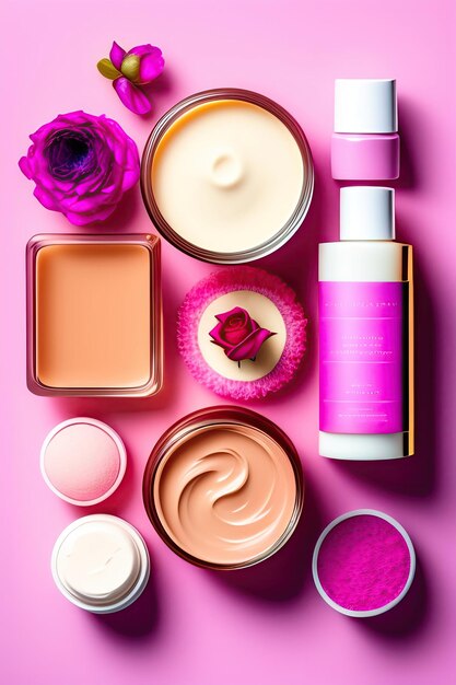 Open pot met cosmetische crème, zeep, roos en handdoek op roze achtergrond