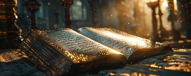 Photo open quran book with glowing illumination the open pages of the quran glow with a mystical light