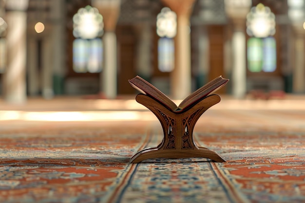 open quran lies on wooden stand amid