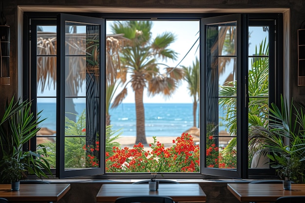 Open raam in een café met uitzicht op het tropische zeebad