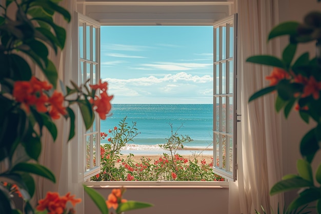 Open raam met bloemen met uitzicht op de zee