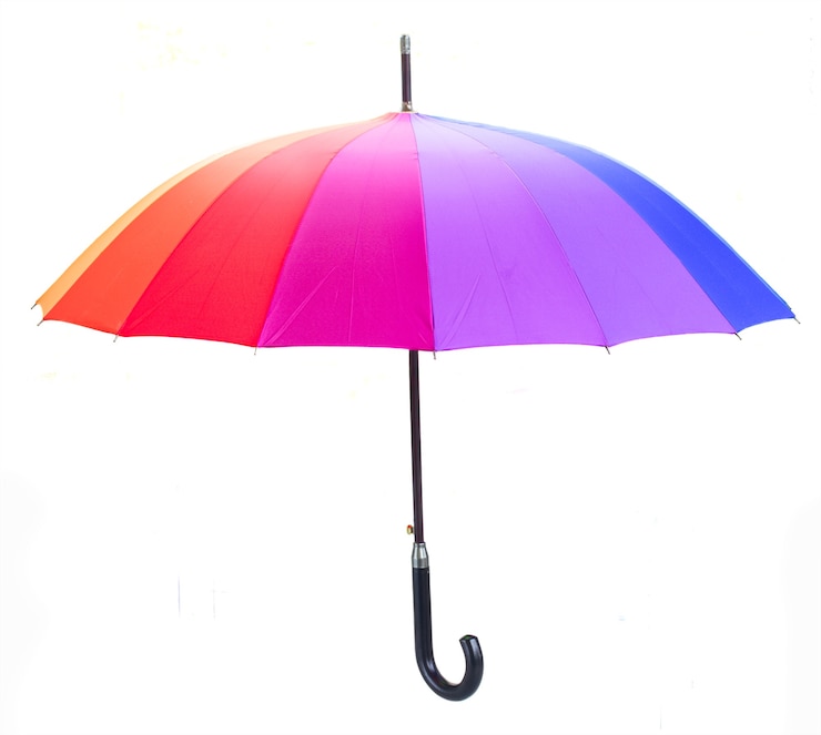 Photo open rainbow umbrella with handle isolated on white