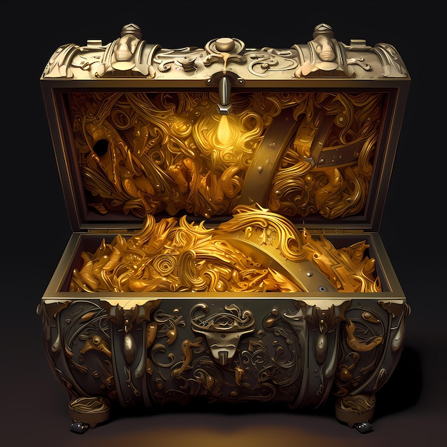 An open realistic gold ancient chest