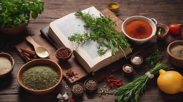 Open recipe book with fresh herbs and spices on wooden background