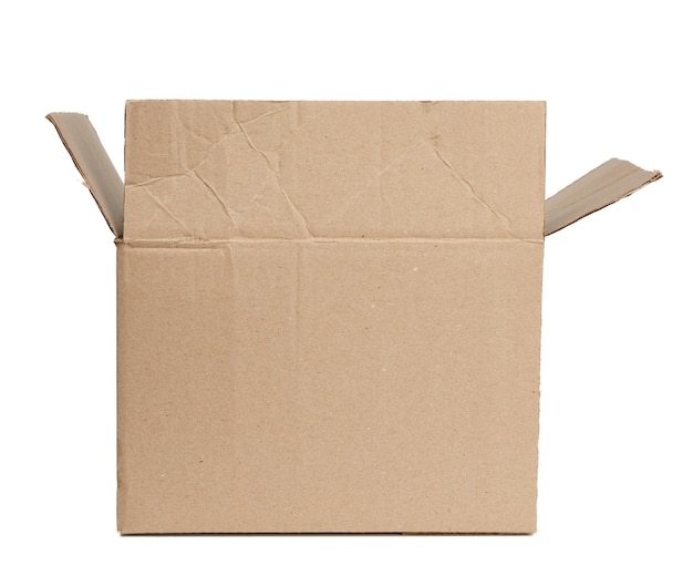 Open rectangular box made of brown corrugated cardboard isolated on a white background