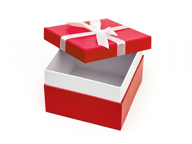 Open red box with a gift and white bow