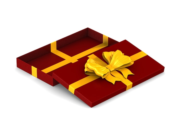 Open red box with golden bow on white