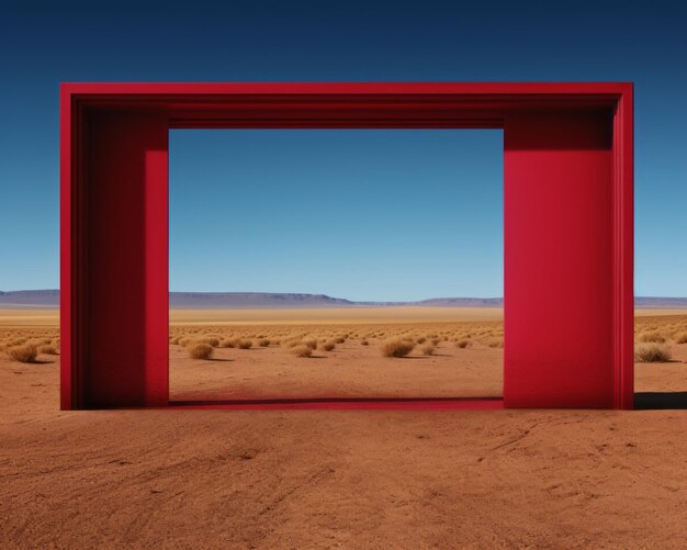 An open red door in the middle of a desert