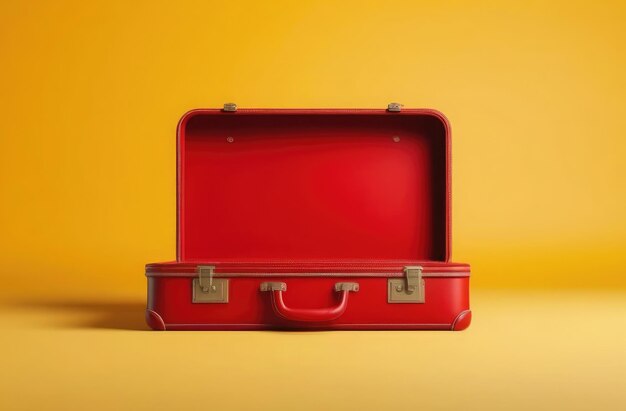 An open red suitcase against a vibrant yellow background signifying travel packing