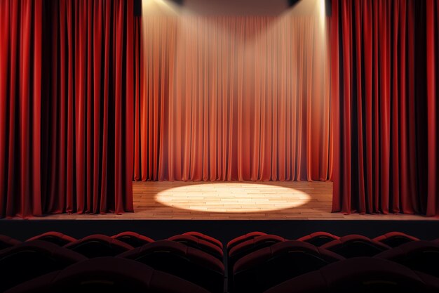 open red theater curtains with spotlight performance concept 3d rendering