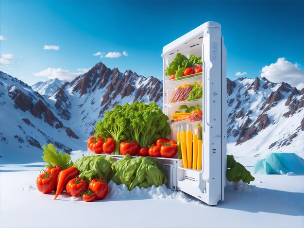 Open refrigerator filled with meat and vegetables