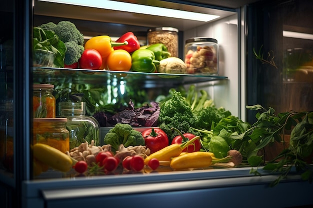 신선 한 농산물 을 담은 냉장고 를 열