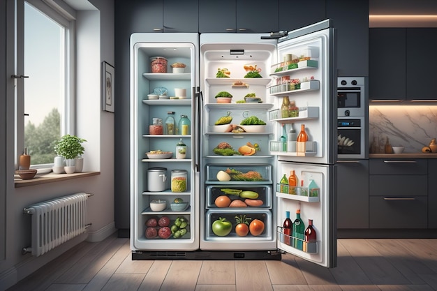 Откройте холодильник со свежими овощами и фруктами на кухне