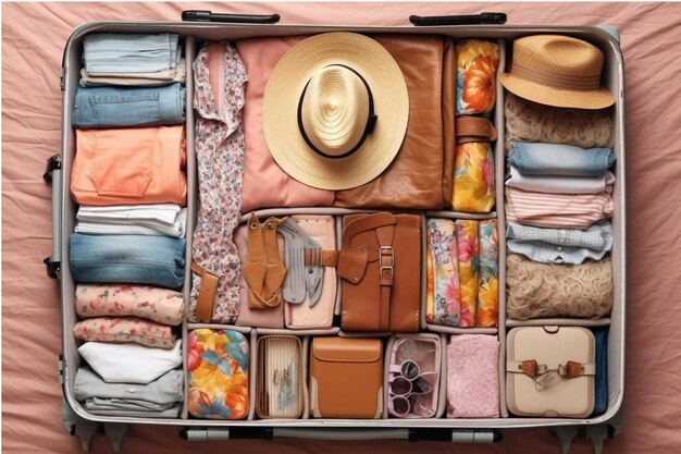 Open reiskoffer met zomerkleding en accessoires Uitzicht van boven