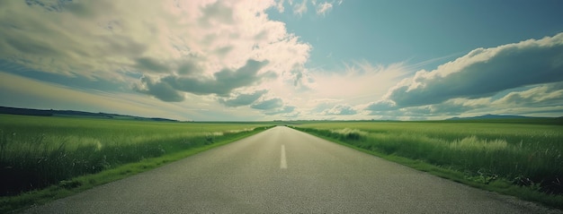 Photo open road through fields under expansive sky