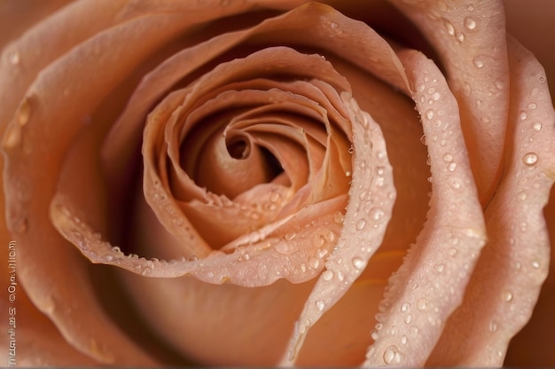 open rose bud peach fuzz color with water droplets flower background