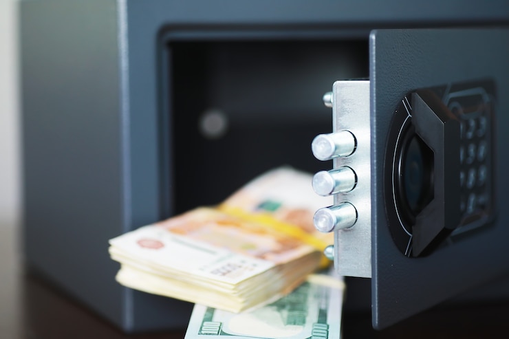Photo open safe in a wealthy house. safety box in hotel room. concept safe storage of money and documents