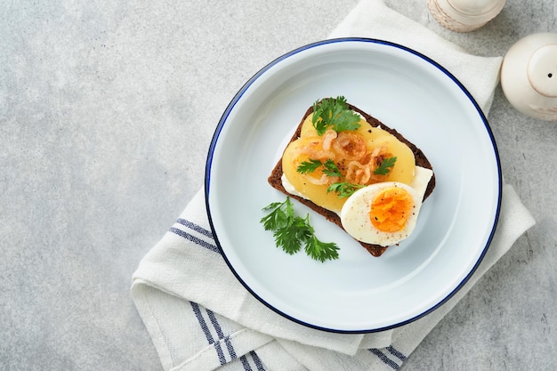 Open sandwich or smorrebrod with rye bread herring eggs caramelized onions parsley and cottage cheese on old wooden rustic table backgrounds Danish or Scandinavian traditional food snack lunch