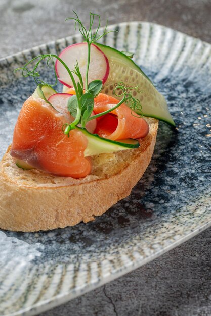 Open sandwich with salmon, seabass, cucumber and radish on a gray stone table