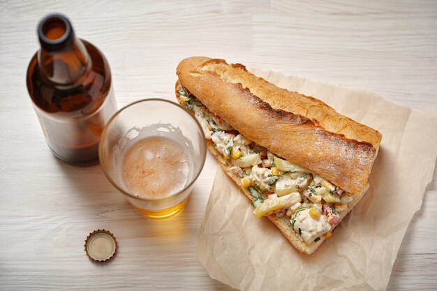 Open sandwiches with chicken, vegetables and mayonnaise salad