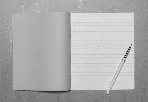 Open school notebook in a narrow line with slash for learning spelling mock up with copy space and ballpoint pen on grey background, top view, black and white photo