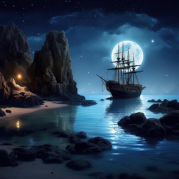 open sea under moonlight illustration background