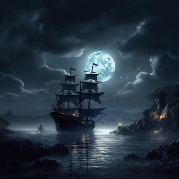 open sea under moonlight illustration background