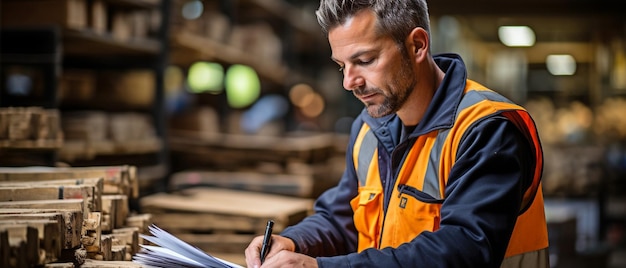 In the open section of a construction business a woman manager records the number of sandbags