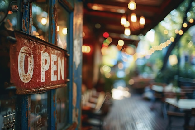 Open Sign Hanging on a Glass Window of a Shop at Dusk