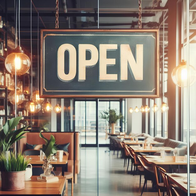 Photo open signboard hanging on glass window in coffee shop