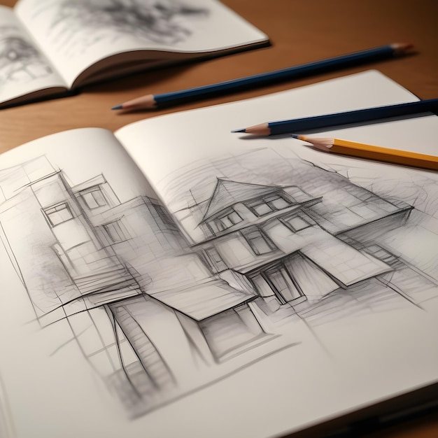 Open Sketchbook Displaying Pencil Sketches with a Blurry Background