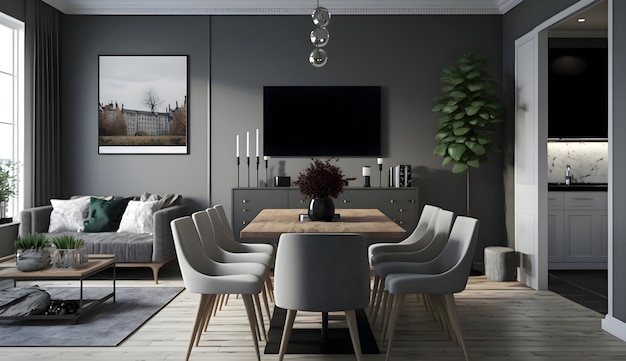 Open space living and dining room interior with flat tv grey sofa and wooden table with trendy chairs generative ai