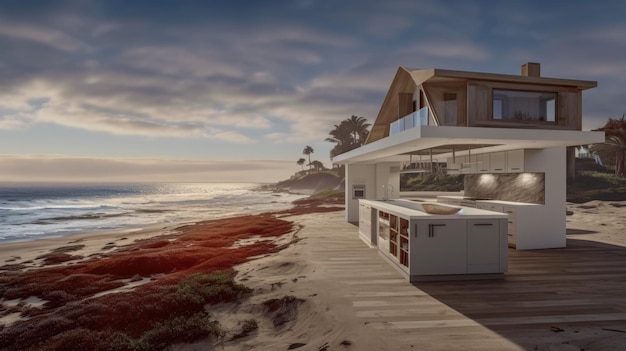 La moderna cucina open space in una casa sulla spiaggia con loft minimo in pavimento in legno con vista sull'oceano generative ai aig27