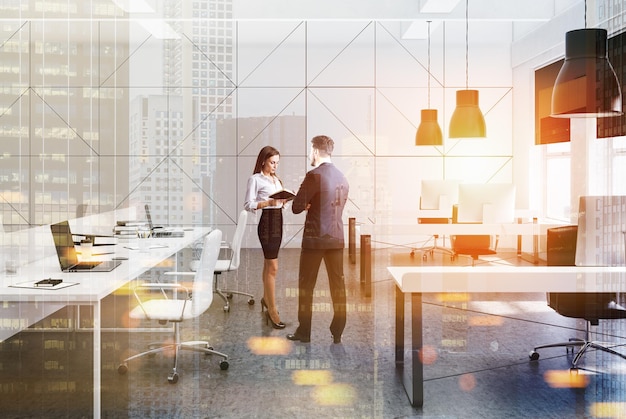 Open space office corner with a concrete floor, tall windows, and rows of computer tables. People 3d rendering mock up double exposure toned image