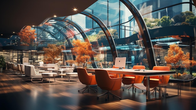 Open Space Office Environment With Rows Of Computer Desks And Loft Windows Aquarium Like Meeting