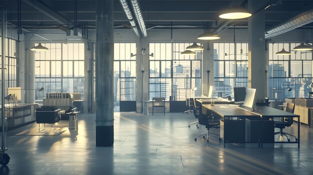 Photo open space office in loft style hangar with windows in floor and city view 3d render generative ai