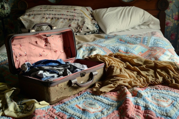 Photo open suitcase on bed clothes spilling onto quilt