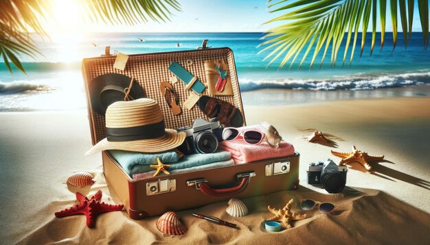 Open suitcase packed with vacation essentials on a sandy beach suggesting the start of a summer holiday in a tropical paradise