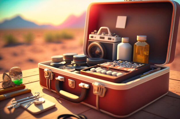 Open suitcase reveals travel accessories against sunny background