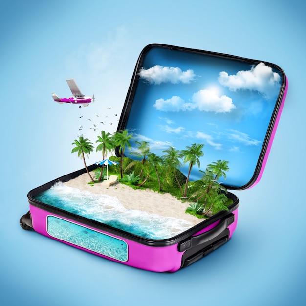 Фото Открытый чемодан с тропическим островом внутри
