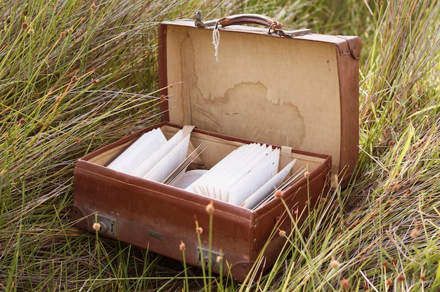 Photo open suitcase with books inside