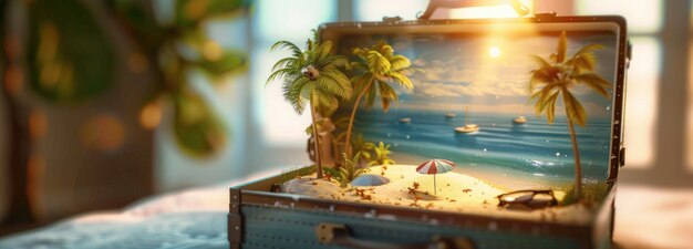 Photo open suitcase with miniature beach scene inside