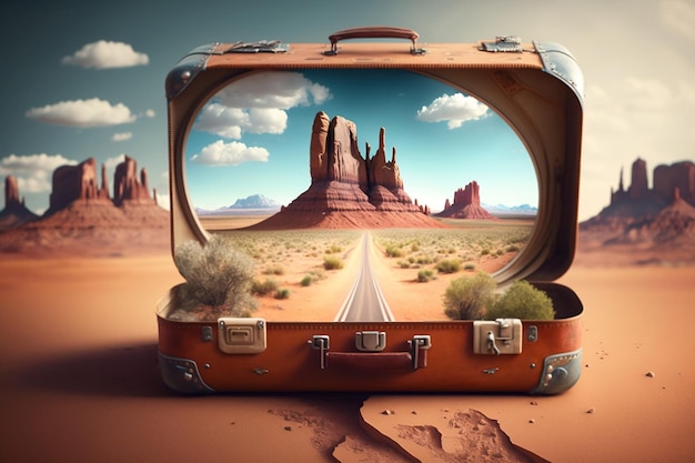 Photo an open suitcase with road to grand canyon view travel concept ai generative