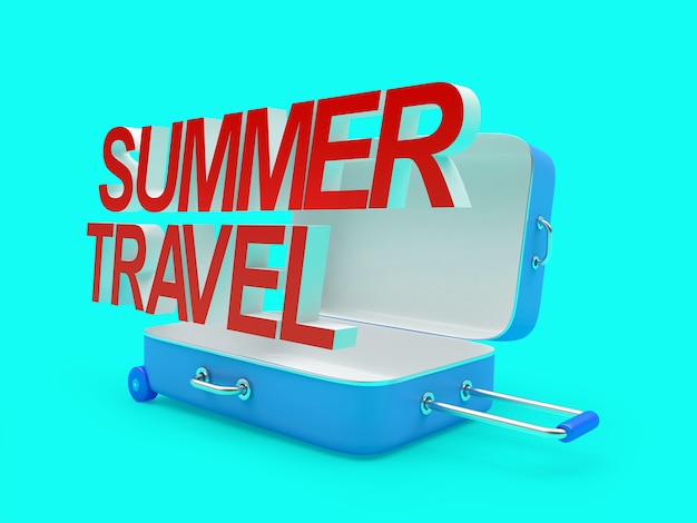 open suitcase with summer travel text